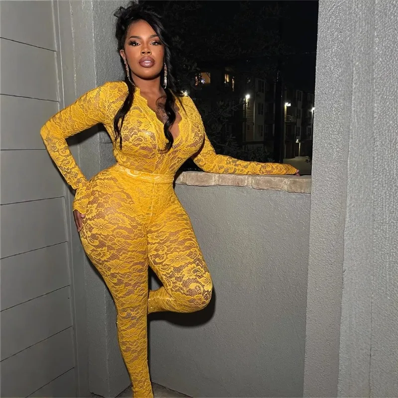 

Women Sexy See Through Lace 2 Piece Set Deep V-neck Long Sleeve Bodysuits Tops + High Waist Skinny Pants Midnigth Clubwear Suits