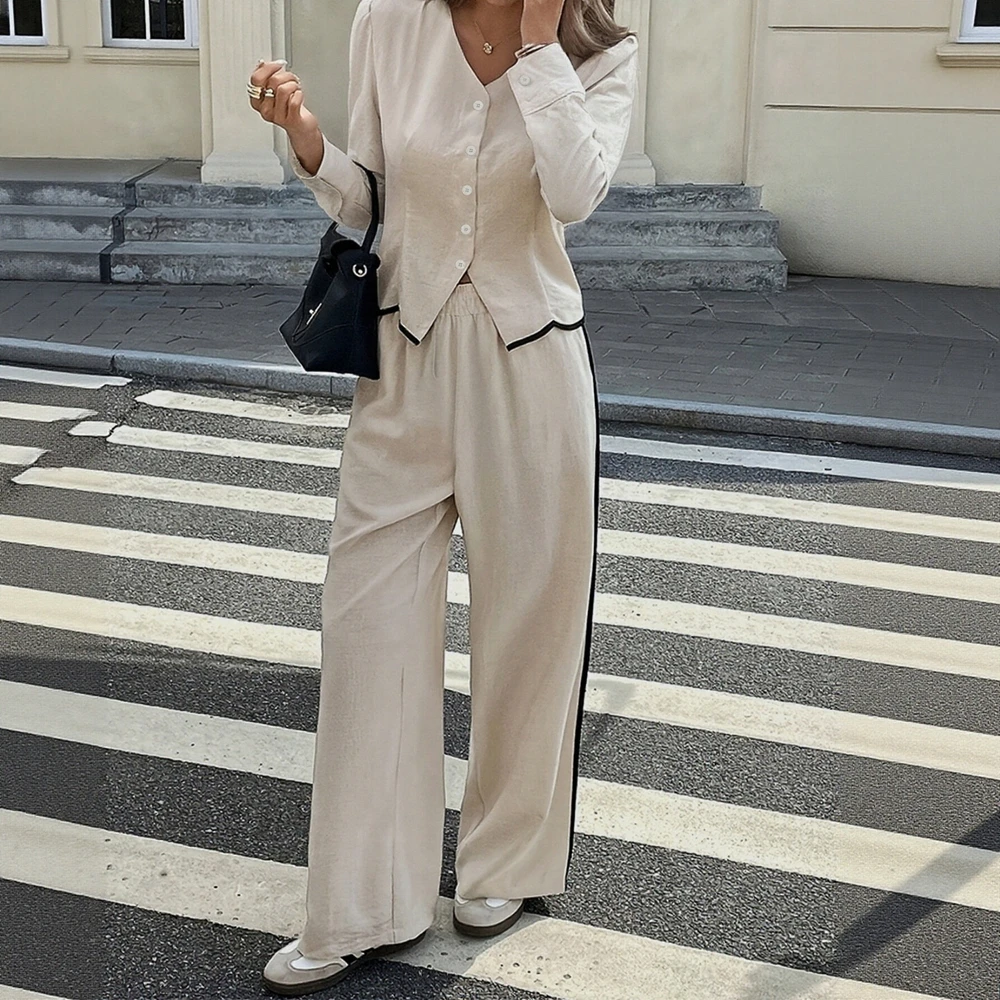 Autumn Sets 2025 Women's Comfortable Plain Long Sleeve V-Neck Blouses Full Length High Waist Wide Leg Pants Casual Sets