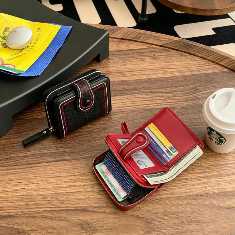 New Women's Short Wallet, Coin Purse with Multiple Card Slots, Color-block Clutch Bag with Stitched Snap Closure