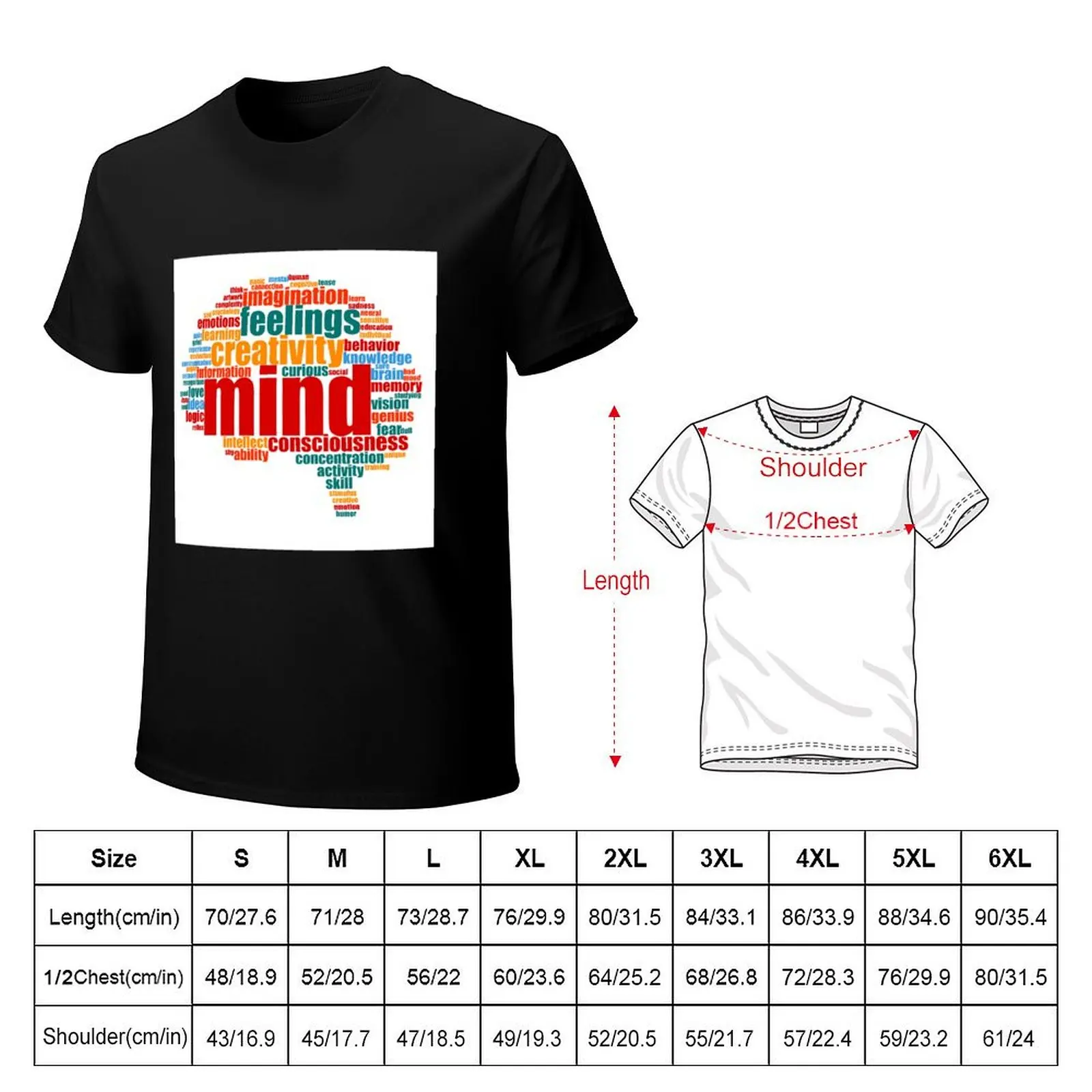 Brain Shape Mind Word Cloud T-Shirt Casual Loose Short Sleeve Tee for Men