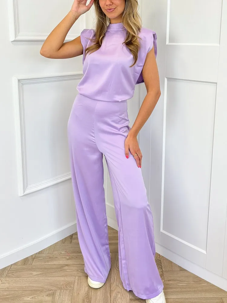 

Woman's Solid Color Satin Jumpsuit Sexy Backless Sleeveless One-piece Pants Lady Summer Fashion Standing Collar Office Jumpsuits