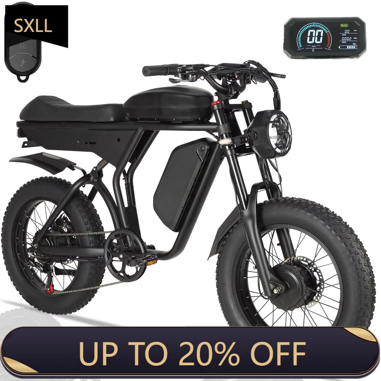 

SXLL Adult Electric Mountain Bike 34mph 80mph Brushless Dual 2000W 48v Disc Brakes 40.2ah Removable Dual Battery