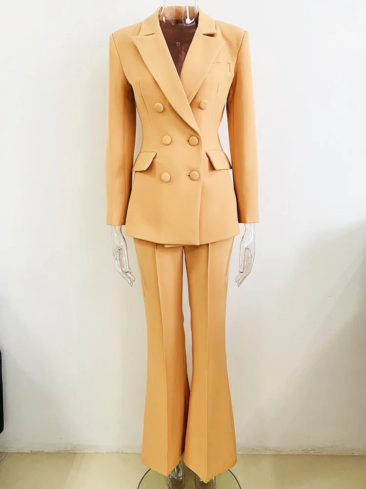 Brown Khaki Pantsuits Women Double Breasted Slim Fit Office Business Suit Jacket Blazer Flare Pants Set Two Piece Set Outfits