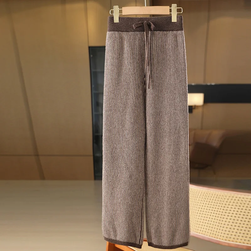 

Women's pure cashmere wide-leg pants, high-waisted straight pants with a relaxed fit and stripe design, versatile for autumn and
