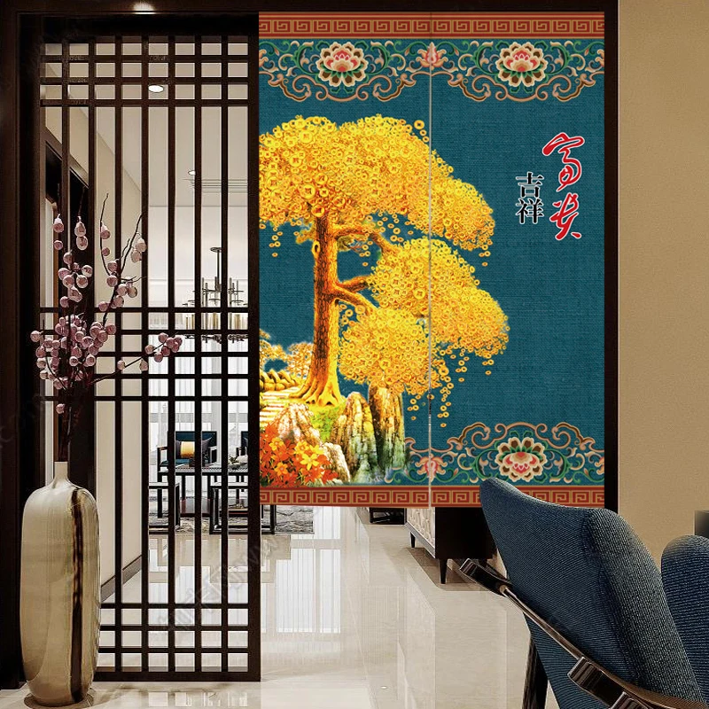 

Chinese Door Curtain Wealth Tree Partition Curtain Festive Living Room Bedroom Decorative Cloth Curtain Tea Room Half Curtain