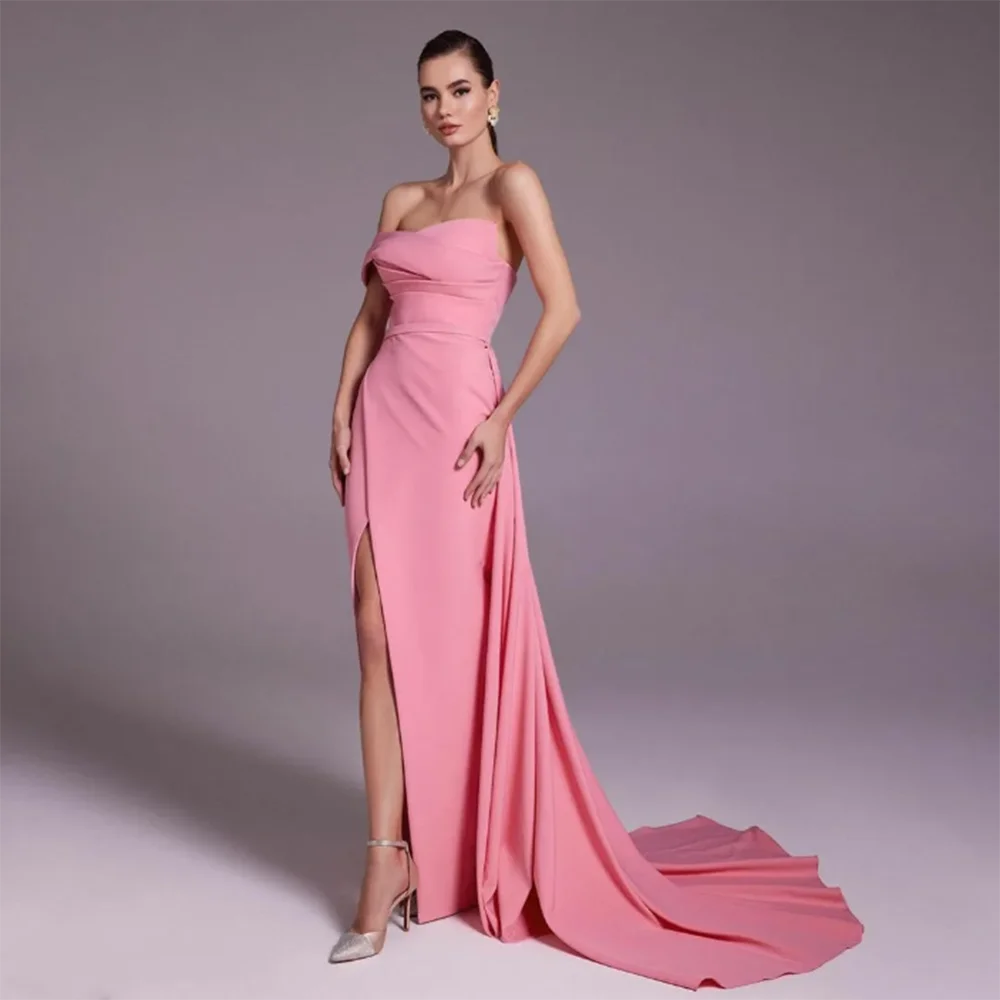 

Luxury Pretty Pink Simple Classic Formal Evening Party Dress Trumpet Floor Length Sexy Side Split Sleeveless Strapless فساتين سه