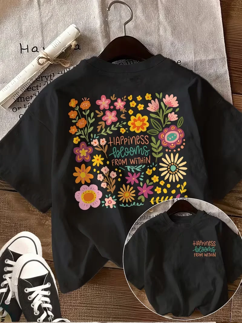 Women's Trendy Happiness Flower T-Shirt, Cute Double-Sided Print Crew Neck Tee, Casual Short Sleeve Top for Spring Summer
