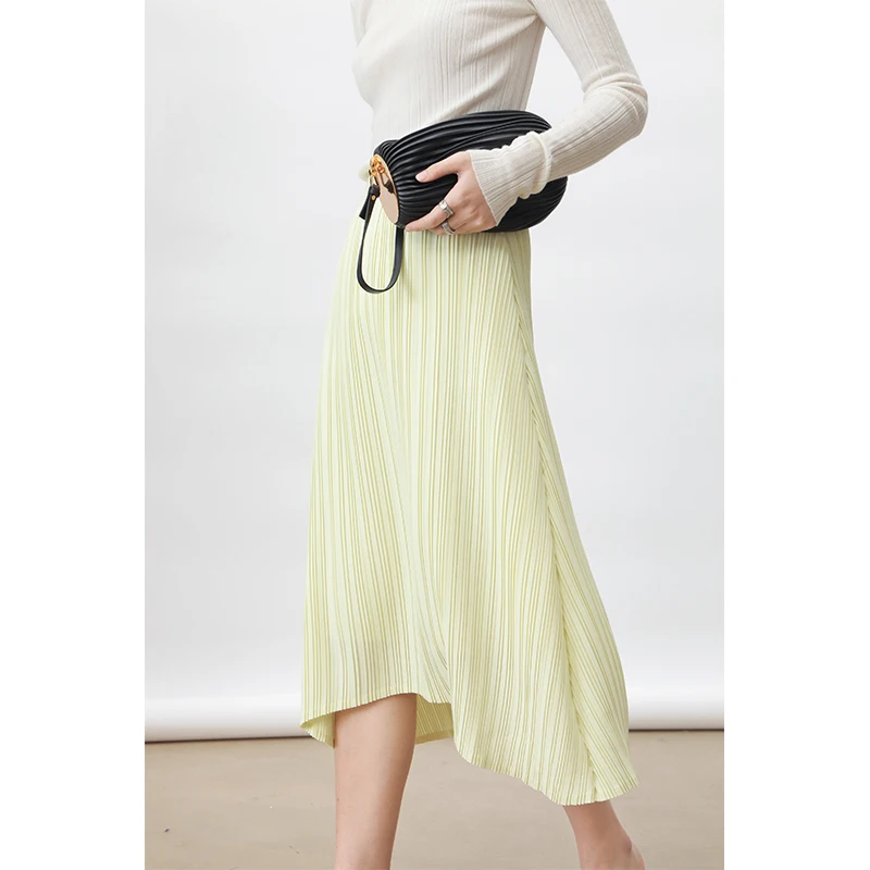 

Rowicasa62 Spring Geometric Trimming Early Spring Versatile High Waist Pleated Skirt Long Commute Sle een Color