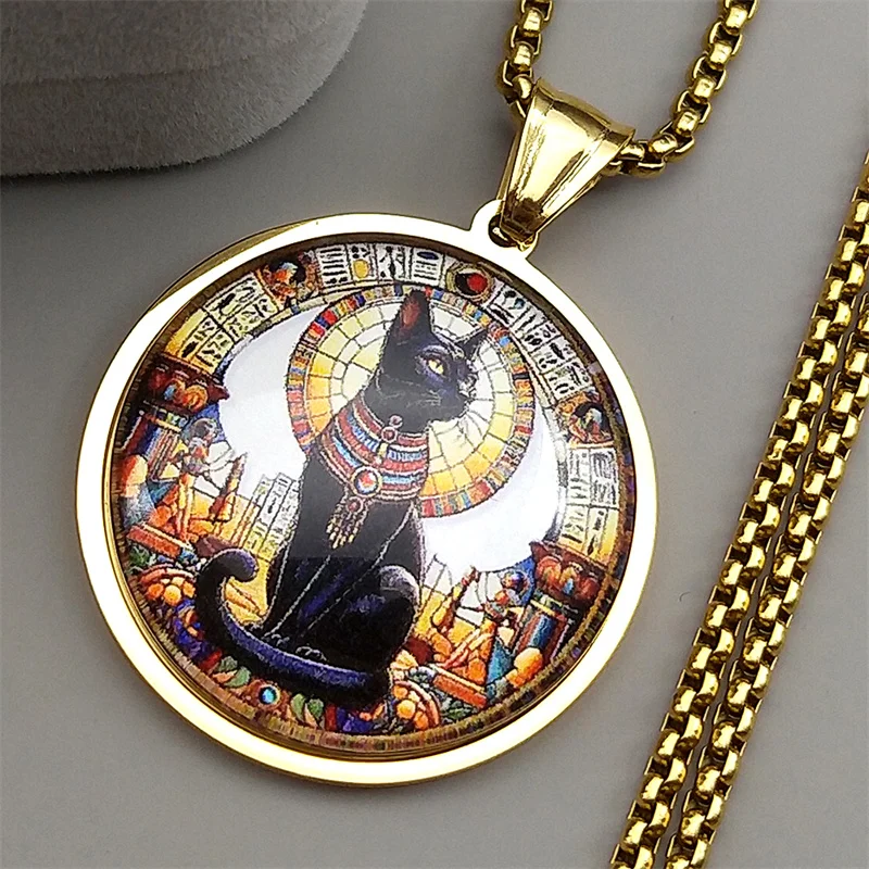 خمر المصرية القط الأسود آلهة الباستيت قلادة الفولاذ المقاوم للصدأ الذهب والفضة اللون مصر القديمة القلائد تميمة المجوهرات #4