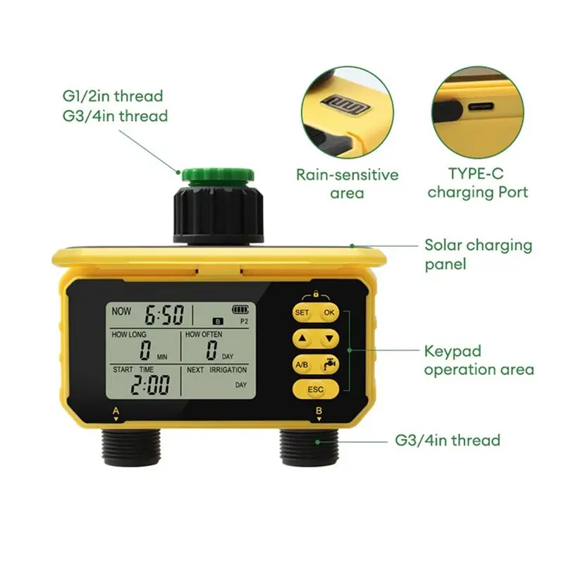 AC23-2 Outlets Watering Auto Irrigation Solar Charging Digital Sprinkler Water Valve Controller For Garden Outdoor
