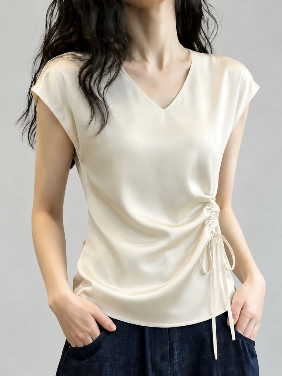 

Elegant Commute V-Neck Lightweight Short Sleeve T-Shirt Drawstring Waist Slim Fit Summer Fashionable Versatile Top