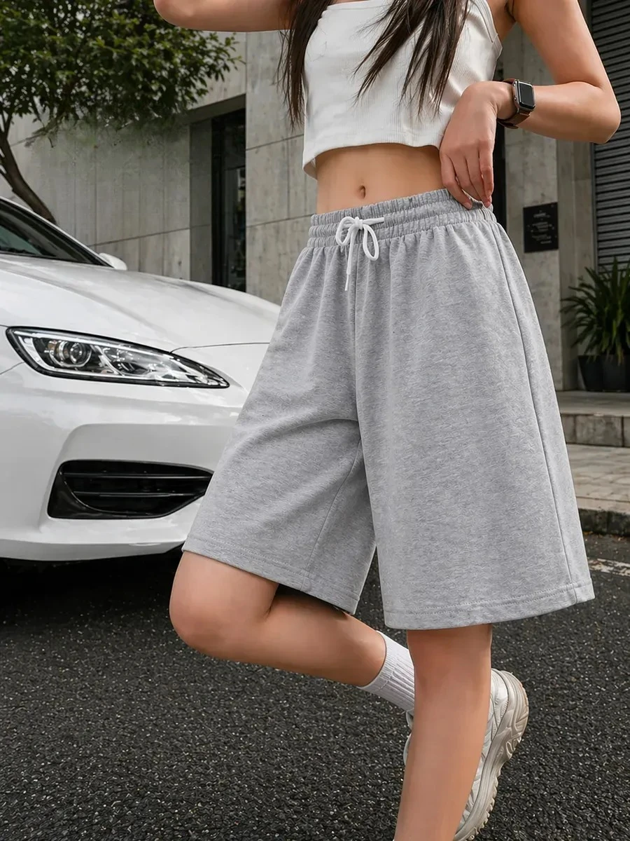 2026 Women's Summer Casual Shorts, Drawstring Waist Double Pockets Solid Color Loose Fit Suitable for Fitness and Home Wear