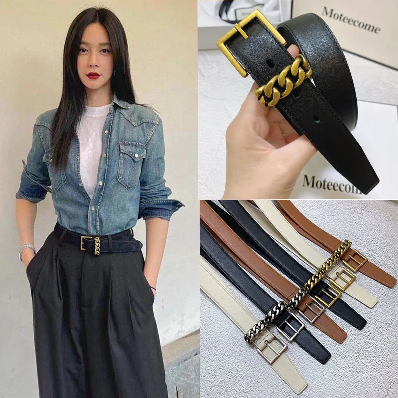 

Vintage Top Quality Luxury Belt Women Genuine Cowhide Leather Chains Decoration Square Pin Buckle Jeans Waist Decoration