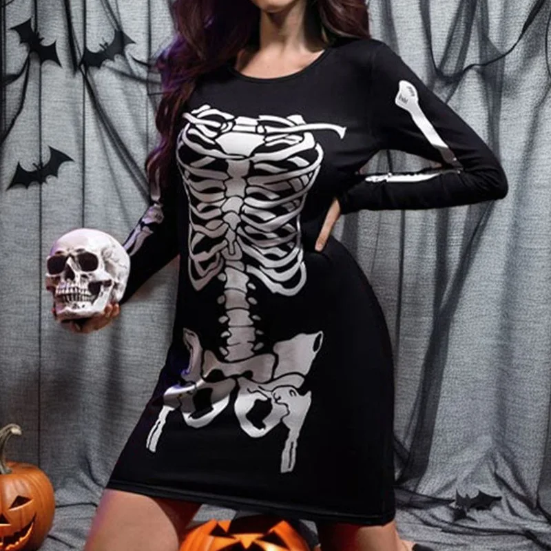 Halloween Horror Skeleton Print Dress Women Trick or Treat Fashion Shirts Tunic Tops Loose Fit Basic Lady Clothes