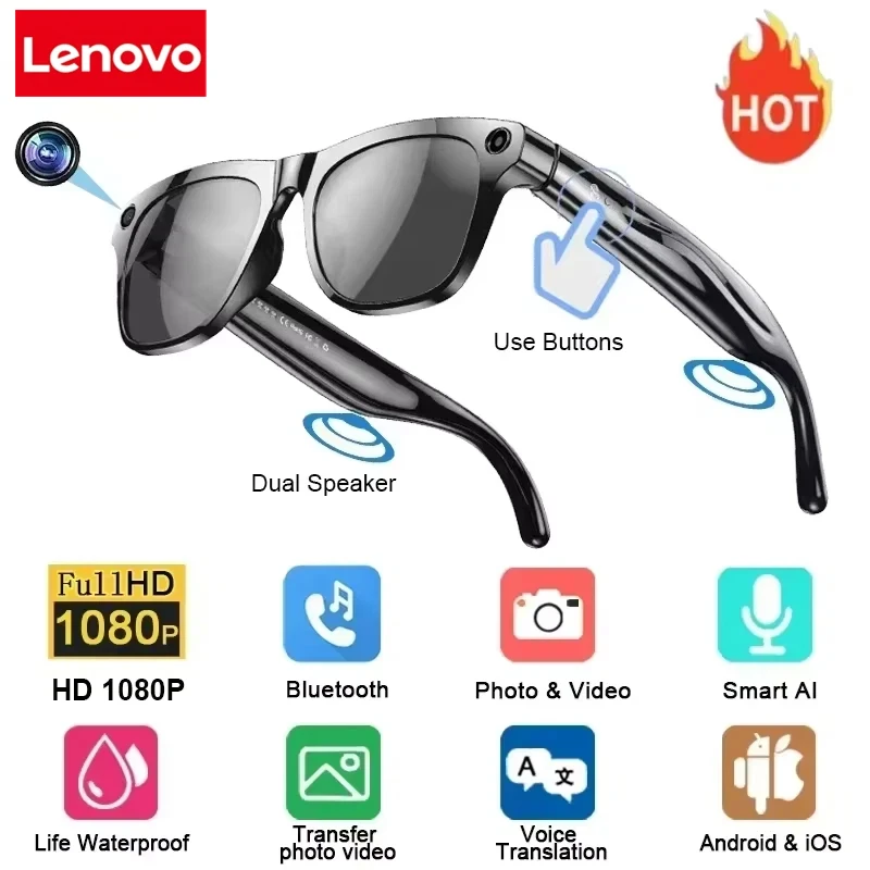 

Lenovo 8K AI Smart Glasses With 100MP Camera Chat GPT Touch Sport Sunglasses Bluetooth Call Video Music Player For Men Women