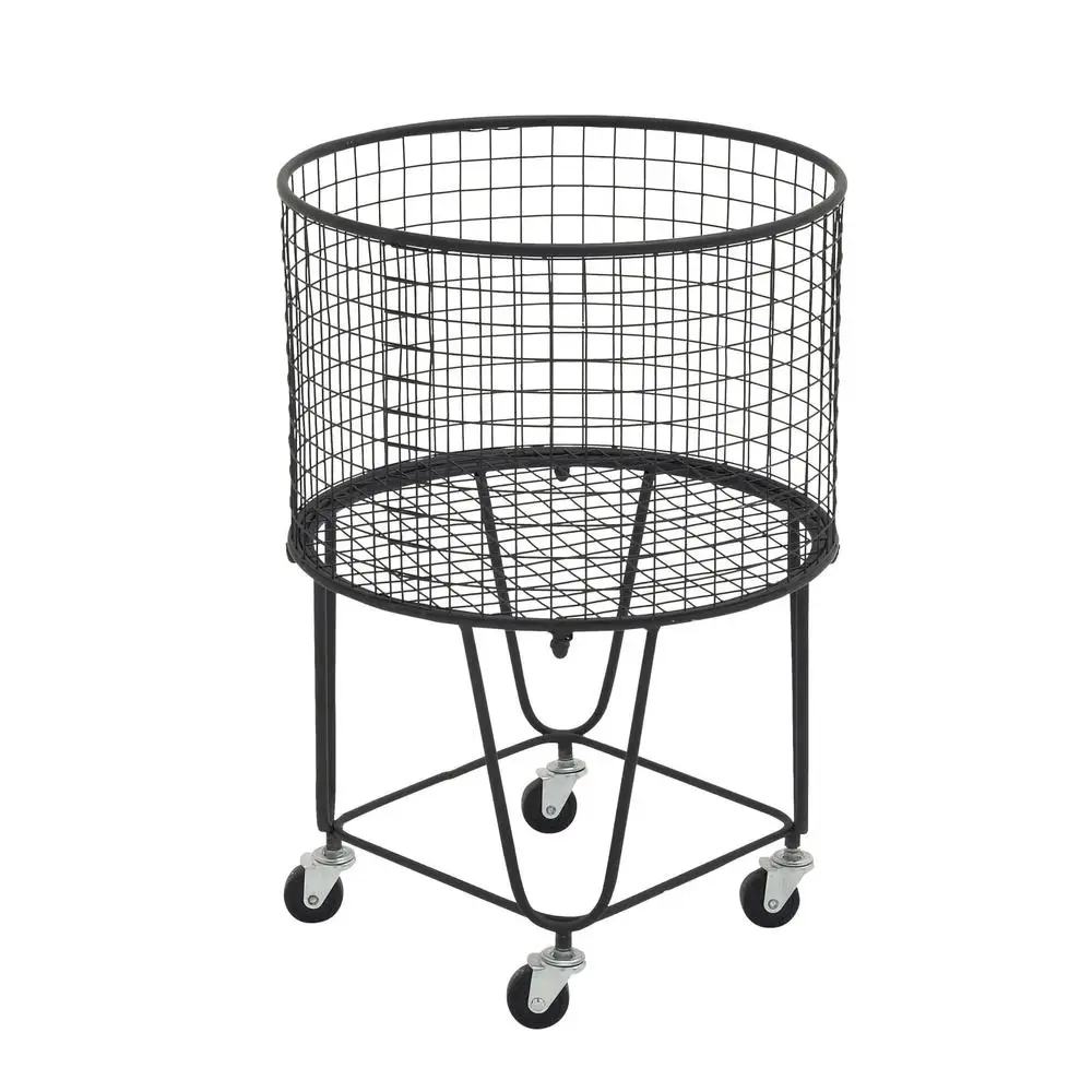 Metal Storage Cart Rolling Laundry Basket Black Round Grid Storage Base Wheels 18