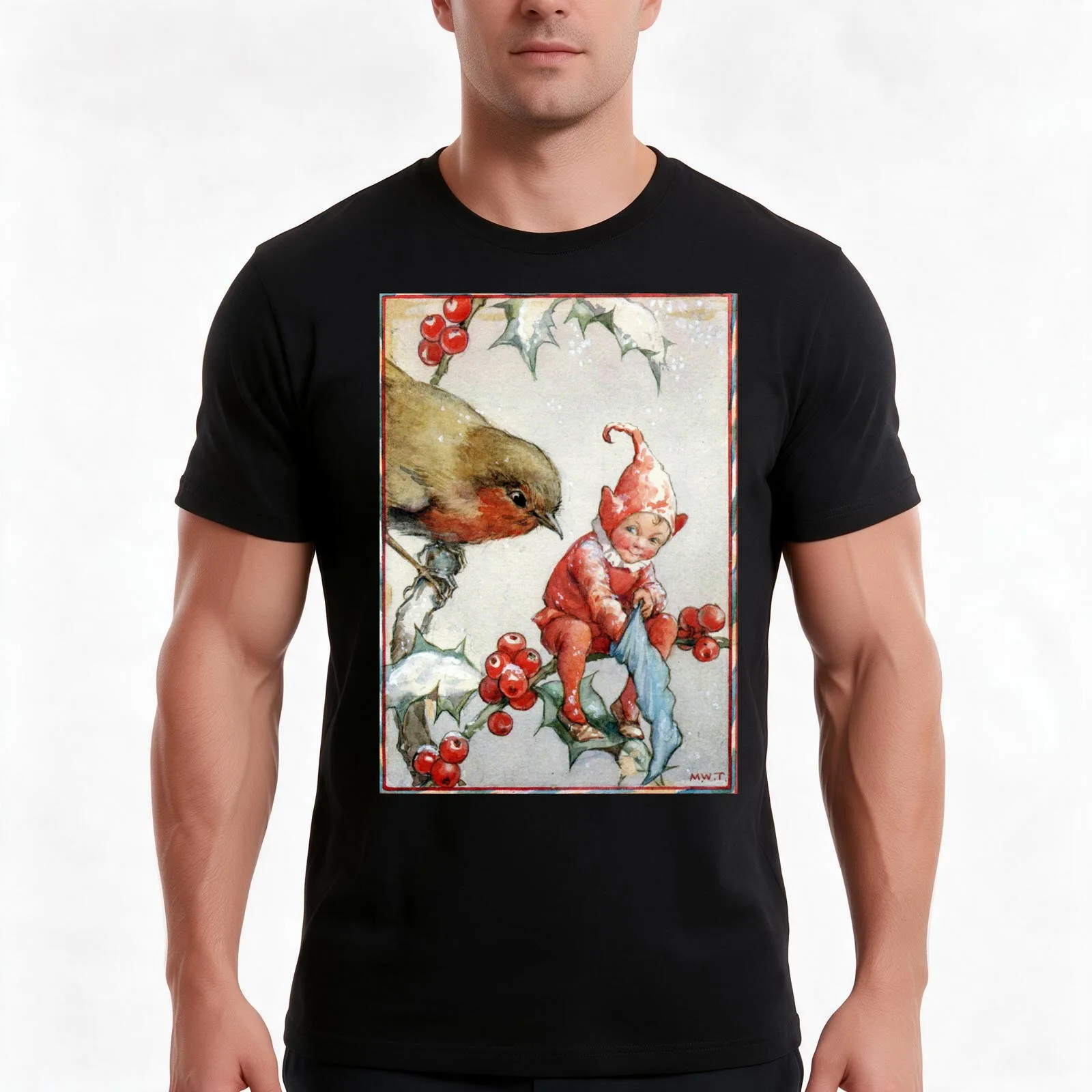 Christmas Robin and Elf - Margaret Tarrant T-Shirt Summer Casual Cotton Tee Oversized Streetwear Tops Vintage Graphic Print