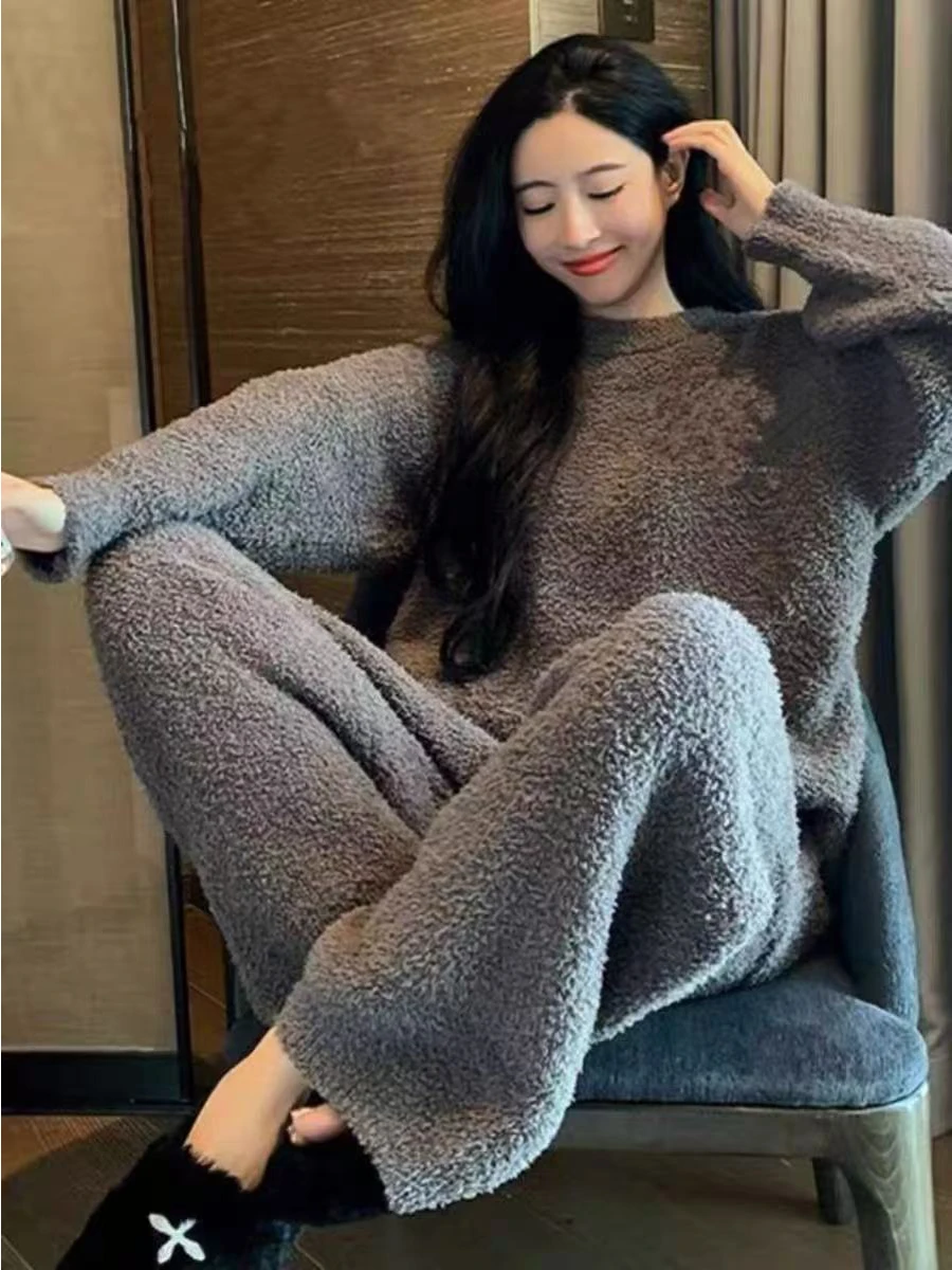 Winter New Coral Fleece Sleepwear Women's Thickened Plush Home Clothes Student Outdoor Wearable Simple Sweet Style Home Clothes