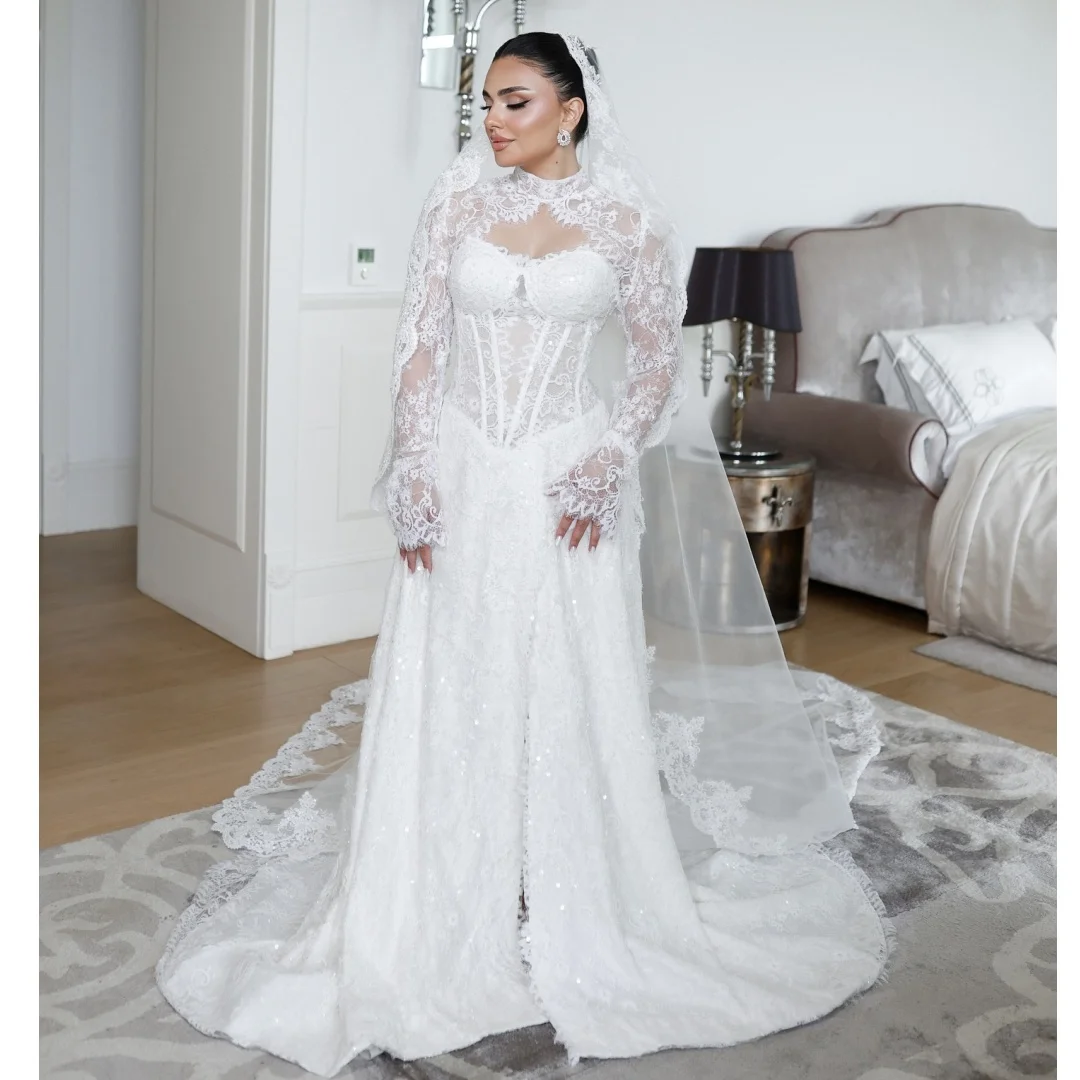 Arabic Lace Sequined Wedding Dresses Long Sleeves Bustier Corset Bridal Gown Side Slit Plus Size robe de mariée Customized