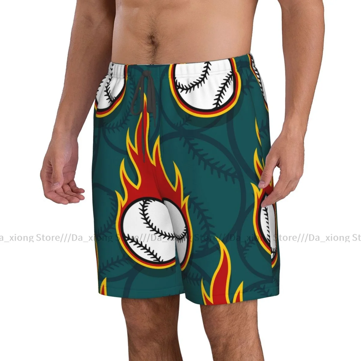 Mens Swimming Shorts Swimwear Fire Baseball Ball Trunks Swimsuit Beach Wear Boardshorts