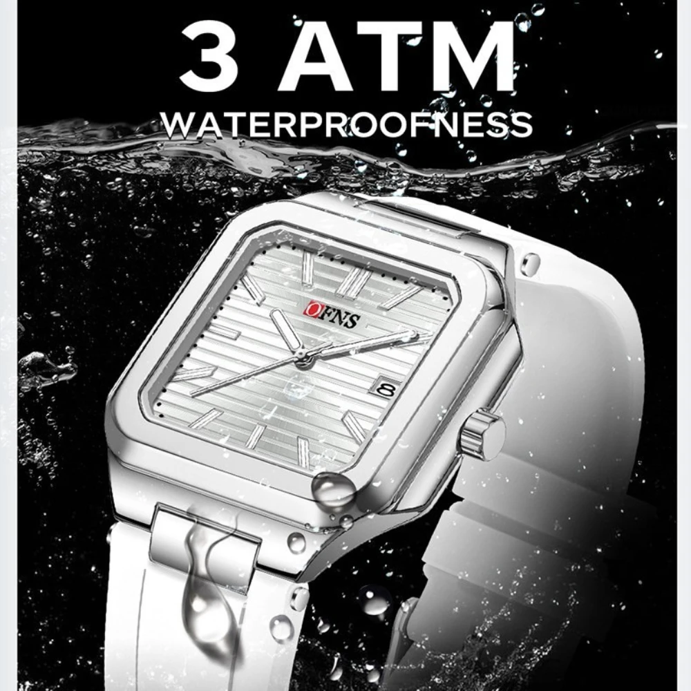 OFNS 1650 موضة الترفيه ساعة كوارتز الرياضة سيليكون حزام التقويم مضيئة مقاوم للماء ساعات مربعة للرجال Reloj Hombre #3