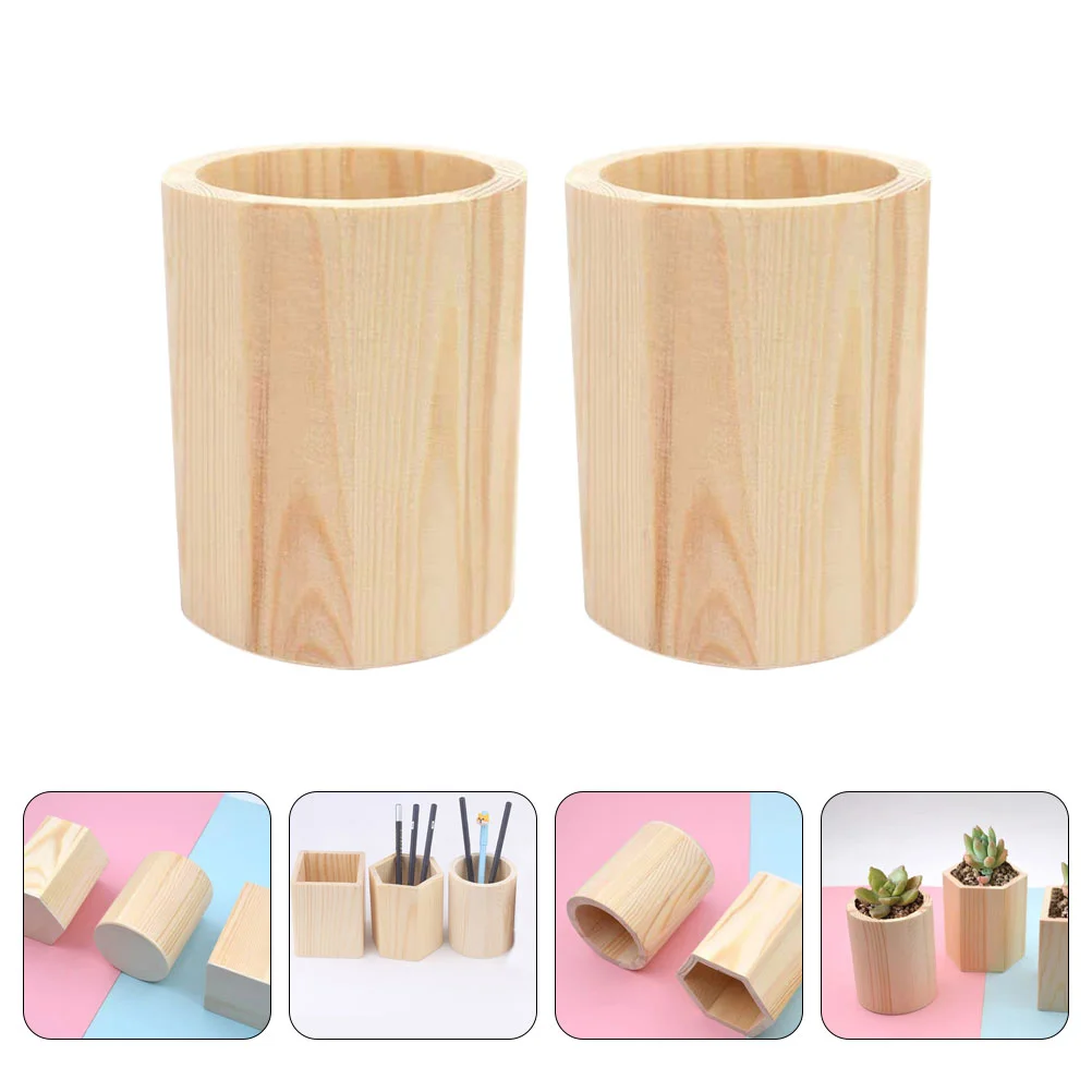 2 Pcs Pine Pen Holder Stationery Organizer Pencil Pot Makeup Brush Wood Holders Succulent Plant Desk Supplies Desktop Tools