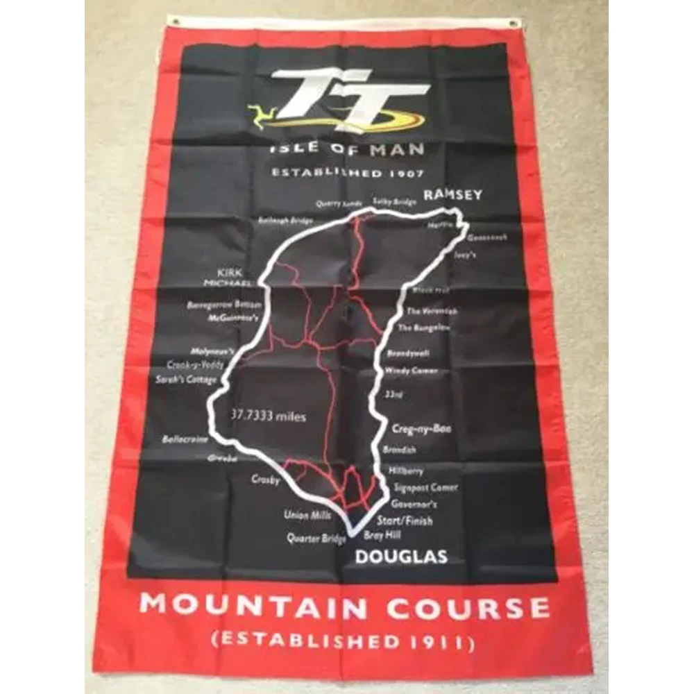 2X3FT Isle of Man Map flag with 3x5ft custom CLUB PARTY SHOP MOUNTAIN COURSE BANNER