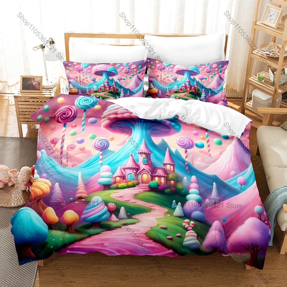 Dreamy Rainbow Sugar Castle Themed Bedding Set Soft Duvet Cover Set for Kids Bedroom Decoration Gift Girls Bedroom Decor
