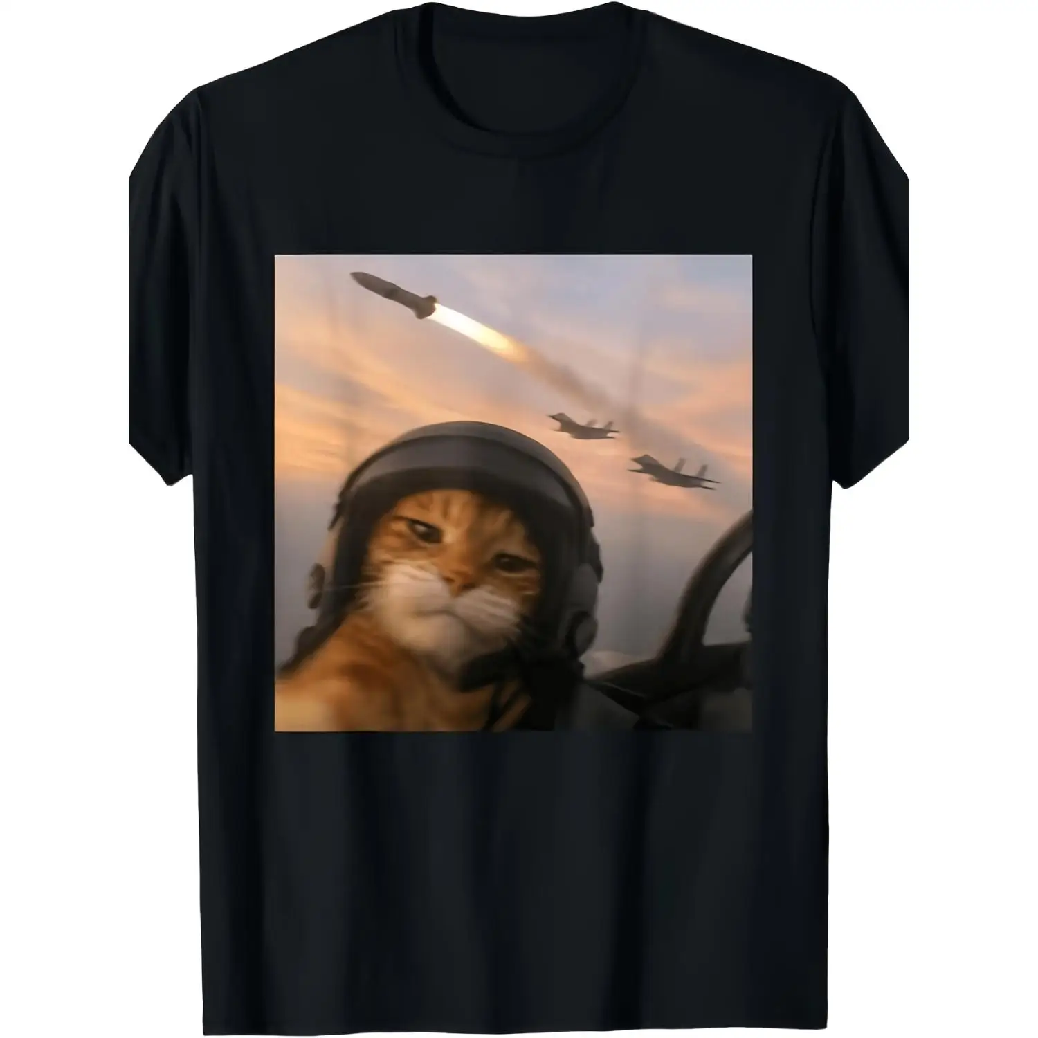 Men Crew Neck Black Short Sleeve T-Shirt, Gen Z Funny Fighter Pilot Cat Meme Graphic Tee, Humorous Selfie Squad Casual Daily Top, Regular Medium Fit All Season Streetwear