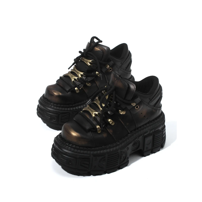 

Retro Gothic Tank Dark Punk Leather Shoes Women's Metal Sponge Cake High Top Shoes Thick Bottom Shoes