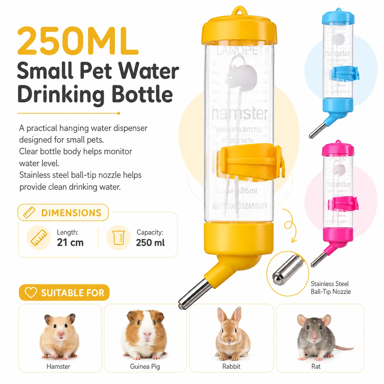 1-3 Stück 250ml Kunststoff-Hängeflasche, Tropffreier, auslaufsicherer Kleintier-Wasserspender für Hamster, Kaninchen, Meerschweinchen – Detail 1