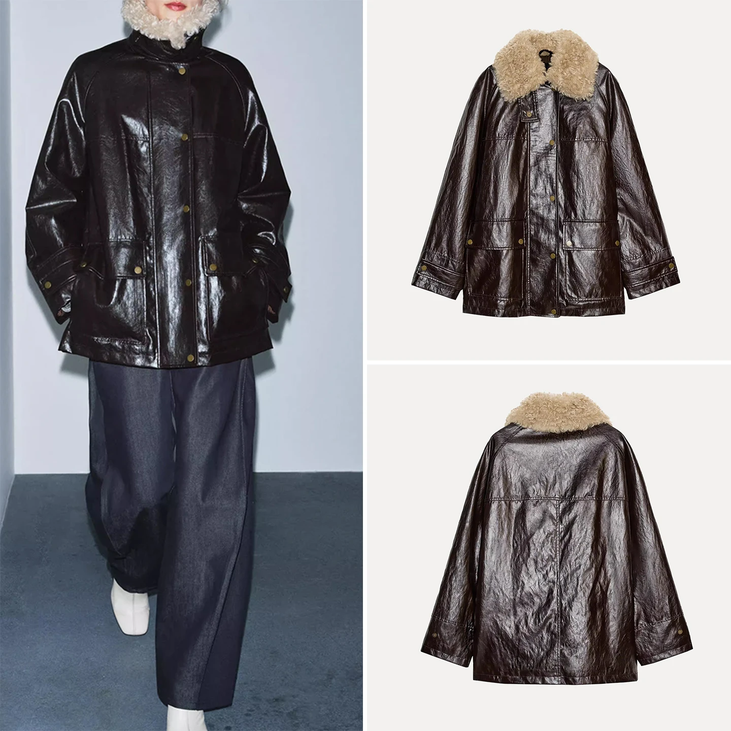 

Faionable Winter Outerwear Women's Sle Long Sve Mid-Length Fur Collar Coat Loose Fit Button Closure Daily Wear