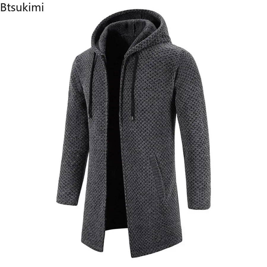 2025 Men's Winter Trench Coats Fashion Casual Long Knit Sweater Jacket Fleece Warm Hooded Coats Knitted Sweater Cardigan for Men