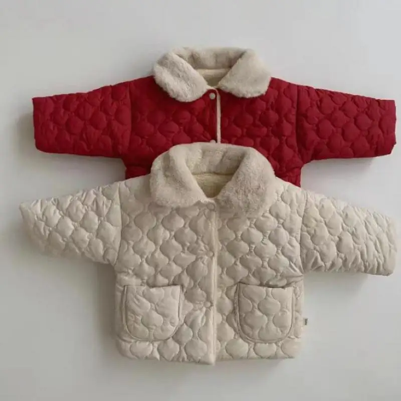 

2024 Winter New Baby Plus Velvet Thicken Coat Children Warm Cotton Padded Jacket Fashion Boys Girls Lapel Coat Infant Clothes