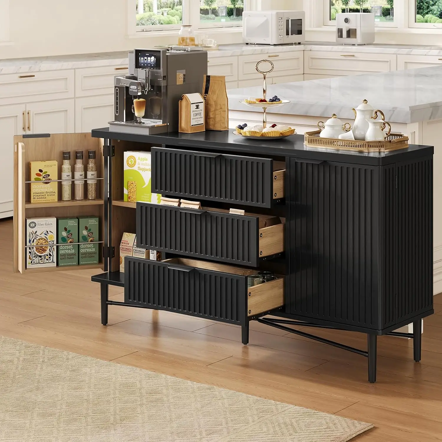 Fluted Buffet Cabinet with Door Shelves & 3 Drawers, Customized