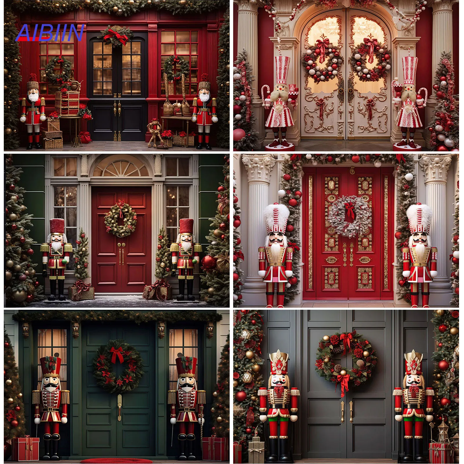 

Winter Christmas Photography Background Nutcracker Soldier Red Green Door Xmas Tree Gift Snow Portrait Party Decor Backdrop