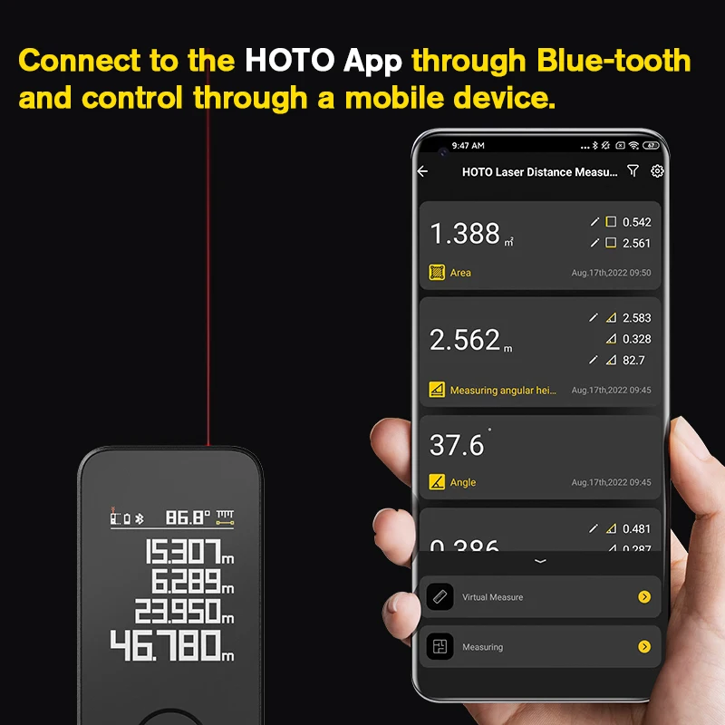 HOTO Smart Laser Measure Pro LED Display Intelligent Digital Laser Tape Measuring Tool Rechargeable Laser Ruler Rangefinder