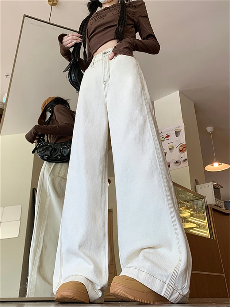 Slim Wide Leg Denim Jeans Women High Waist Flattering High Rise Floor Length Pants Covering Hip in Light Tawny Color