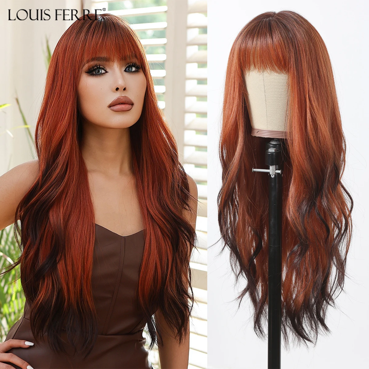 LOUIS FERRE Red Brown With Black Highlights Wavy Hair Long Synthetic Wigs With Bangs for Black Women Natural Hair for Daily Use