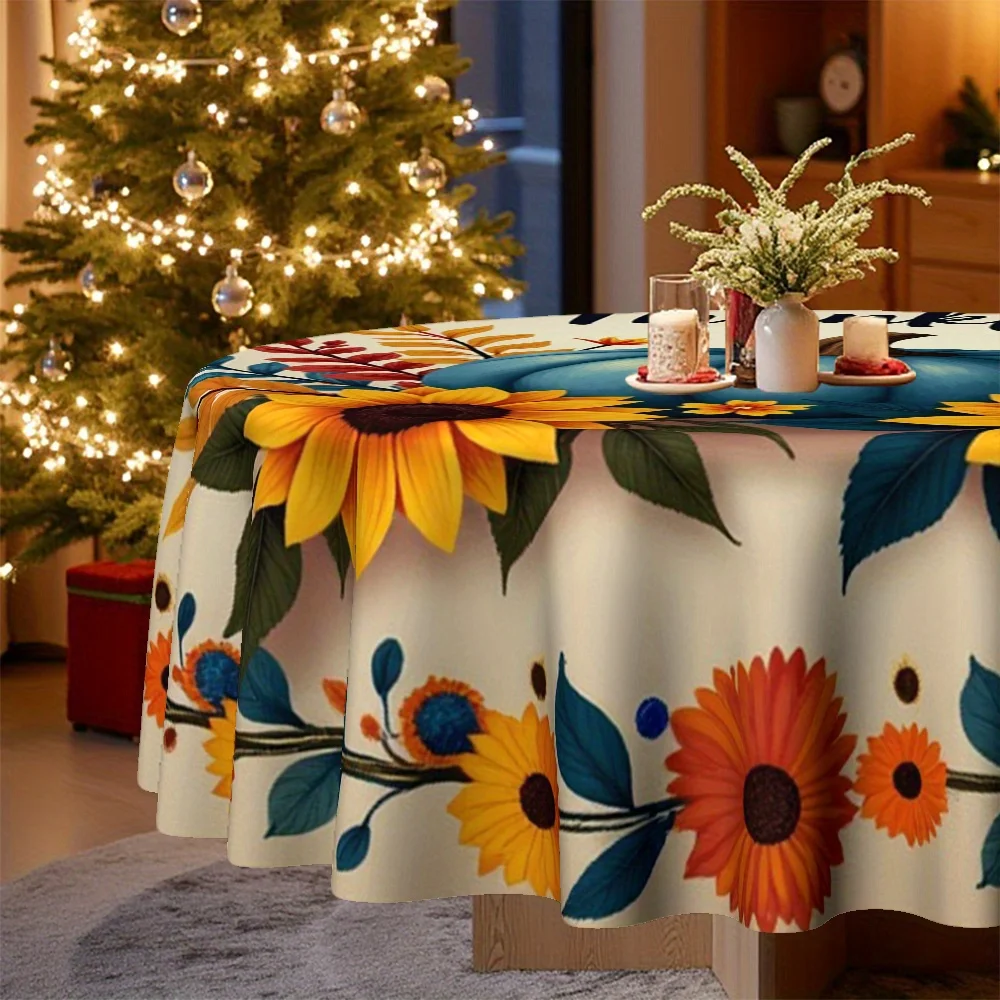 1 piece, round tablecloth, specially designed for Christmas and Thanksgiving, with pumpkin and sunflower patterns