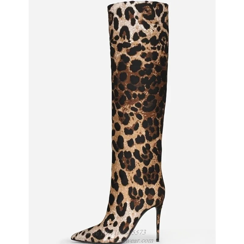 Leopard Horse Hair Pointed Toe Knee High Boots Leather Gold Zebra Print High Heels Long Boot Luxury Designer Sexy Party Shoes