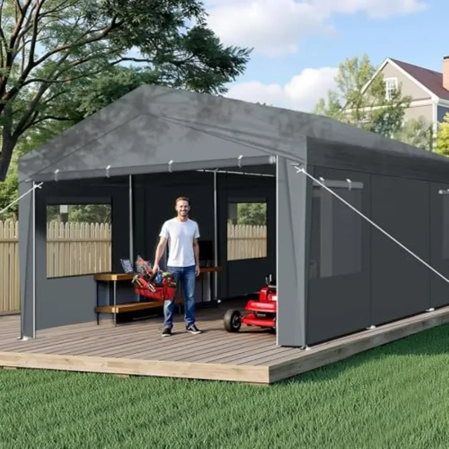 Outdoor Portable Storage Shed for Motorcycle, Garden Tools, Firewood; Heavy-duty Polyethylene Fabric; Gray; Waterproof, UV-resi