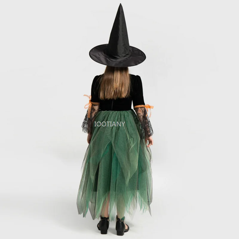 Iootiany 2024 Meisjes Groene Heks Cosplay Jurk Kostuum Mesh Tutu Jurk Met Punthoed Voor Kinderen Carnaval Feest Verkleedkleding