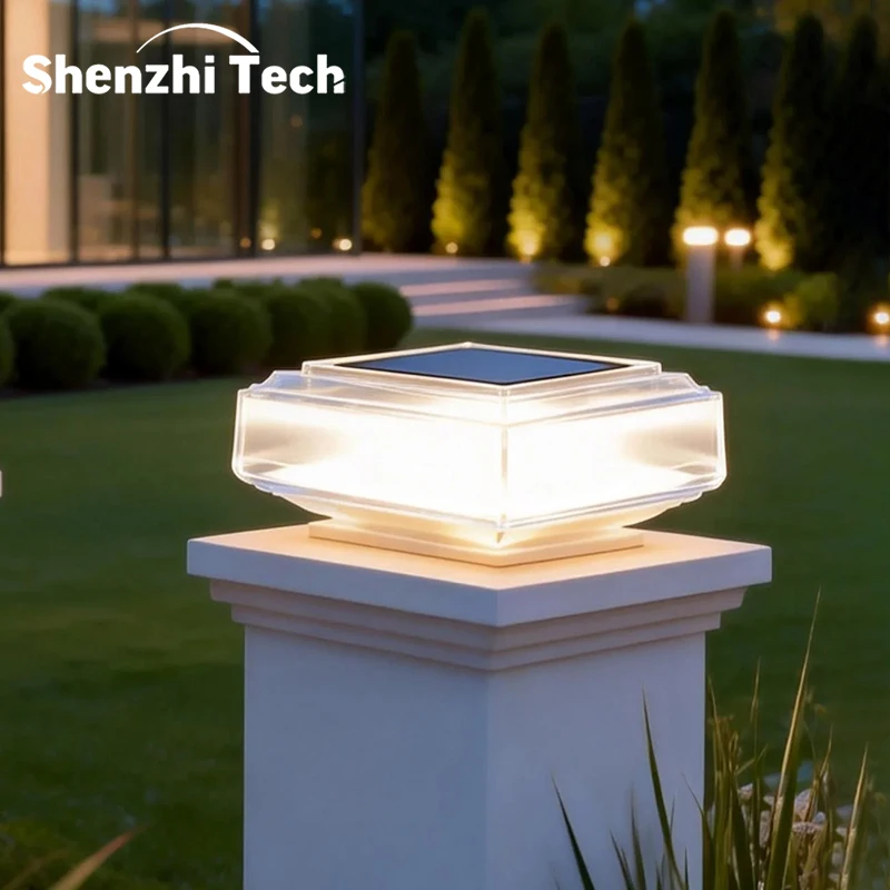 Modern Transparent Solar Post Lights, Dual Color Warm White, Solar Fence Cap Lamp, Auto On/Off Landscape Light for Outdoor Walkw