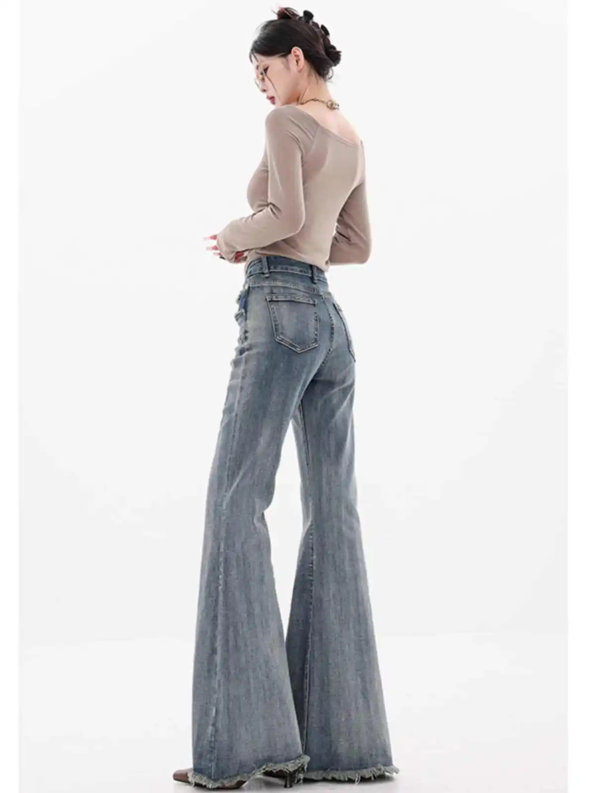 ผู้หญิงญี่ปุ่นแฟชั่น Gyaru Low Rise Denim Bell Bottoms กางเกง Y2k Streetwear 2000s Flare Jean Grunge Grunge Punk Goblin Core