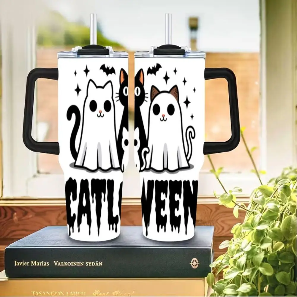 1 قطعة 40 أوقية كاتلوين هالوين القطط معزول القدح ، القط الأسود والقطط الشبحية تصميم السفر القدح ، كوب القهوة المعزول على الحائط المزدوج ، C