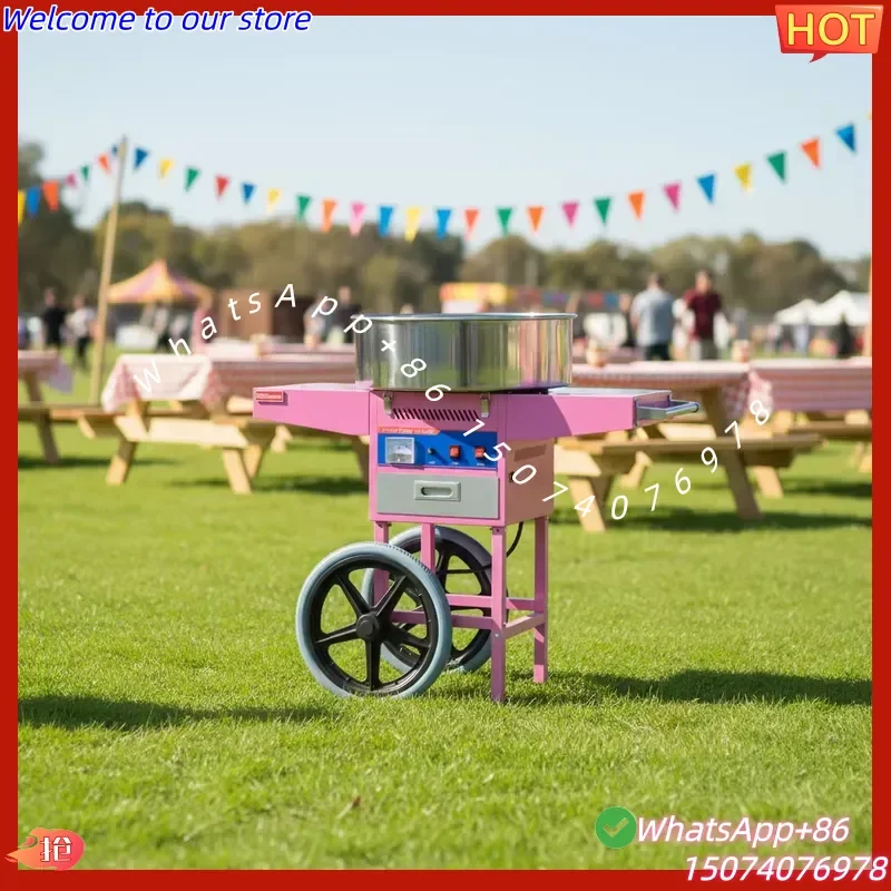 2026 Commercial Electric Candy Floss Machine with Cart, Stainless Steel Mobile Cotton Candy Maker for Carnival Fair Party