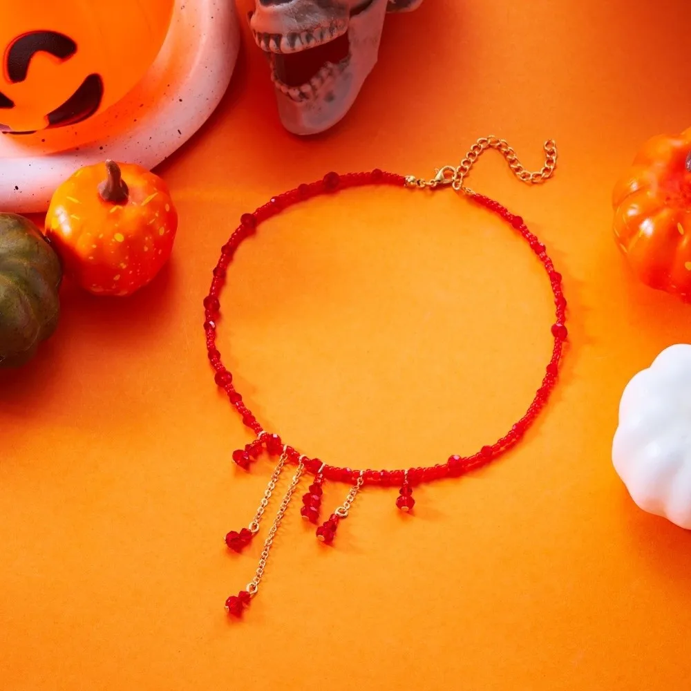 Retro Gothic Blood Drop Necklace Red Glass Halloween Collarbone Chain Tassel Beads Halloween Choker Party