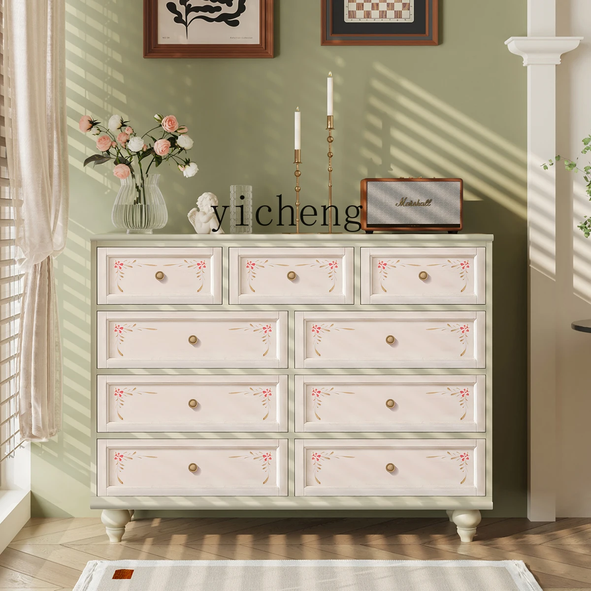 Zk  Corner Cabinet Five Bucket Storage Cabinet Vintage Painted Nine Chest of Drawers Bedroom Bed Front Cabinet Combination