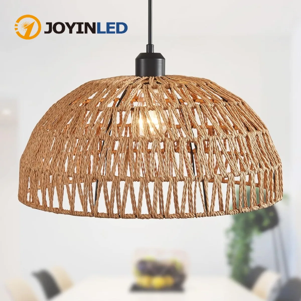 JOYINLED Hand Woven Paper Rope Chandelier E27 Boho Rattan Hanging Pendant Light for Kitchen Island Dining Room Restaurant Lamp